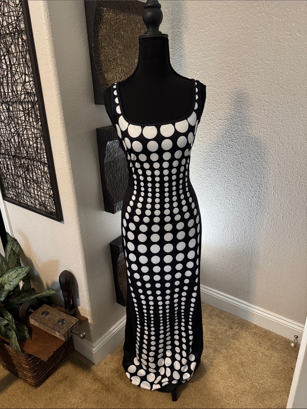 Black & White Polka Dot Maxi Dress with Scoop Neckline